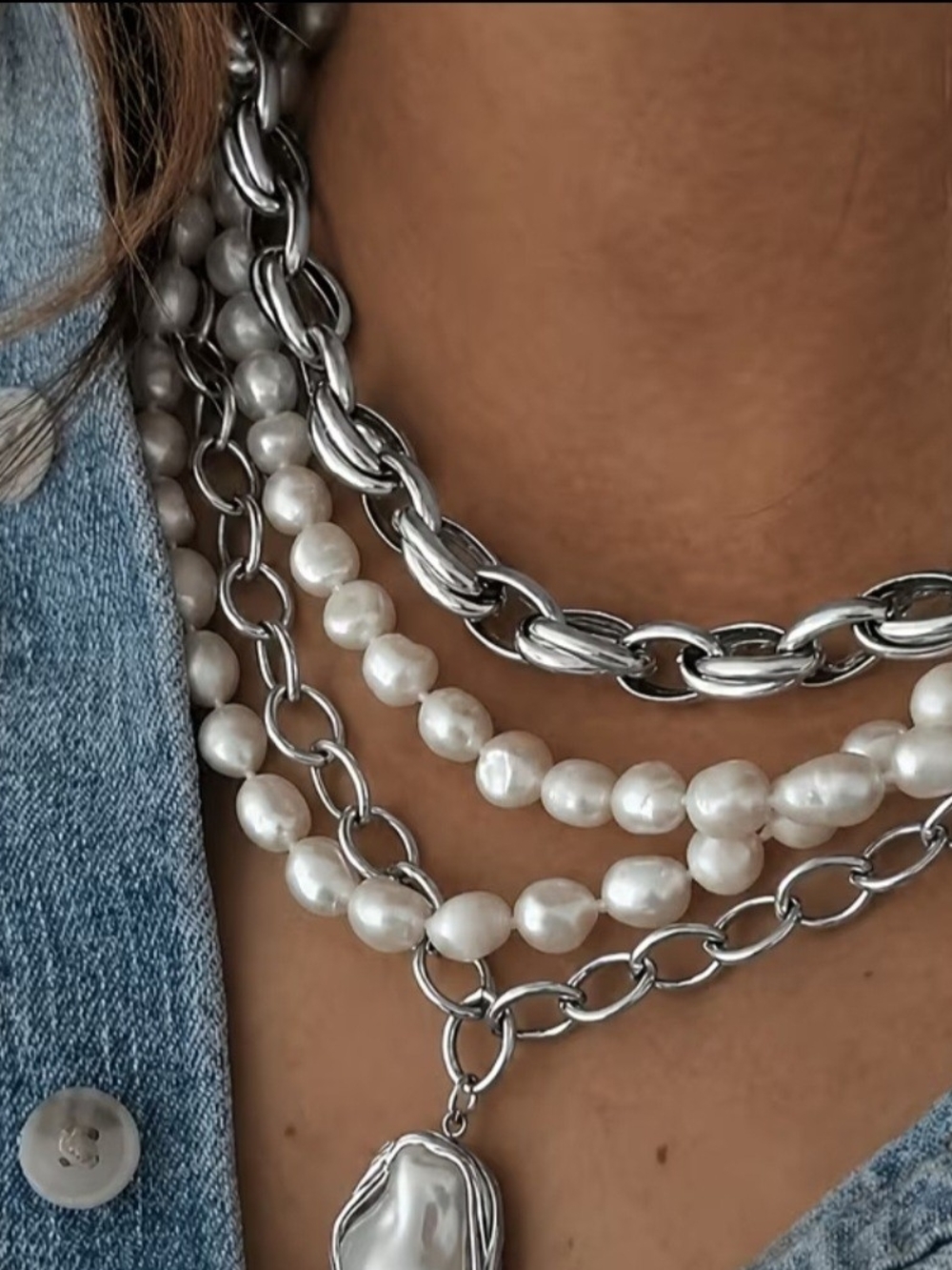 Pearl & Silver Layered Necklace Set - White Pearls
